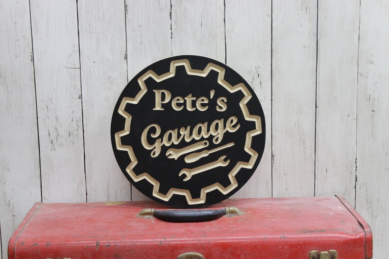 Personalized Garage Sign with Name Carved Wood Circle Sign image 1