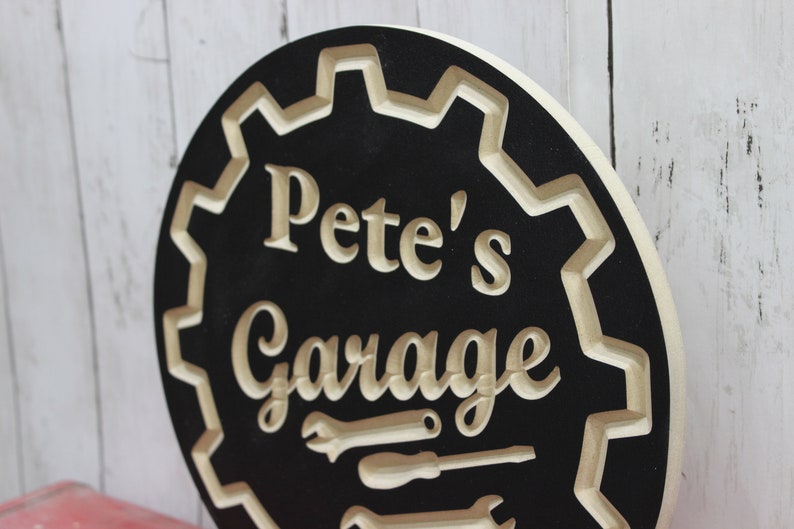 Personalized Garage Sign with Name Carved Wood Circle Sign image 2