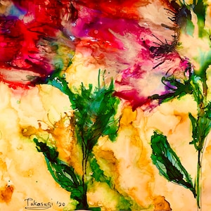 May include: Abstract painting of two flowers with red, pink, purple, and green hues on a yellow background. The artist's signature "Takasugi '20" is in the bottom left corner.