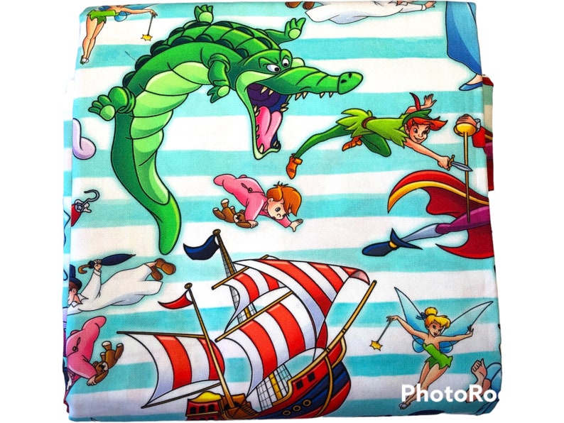 1 Yard Peter Pan with friends Cotton Woven striped white & aqua image 1