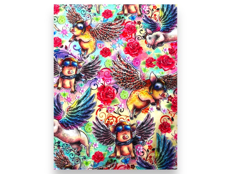 1 yard featuring Miss Mac Flying Pigs on a tie-dye background, intertwined with roses. This whimsical and colorful pattern is perfect. image 1