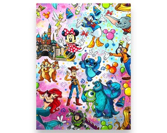 1 Yard Cotton Woven 36x60. Disney Themes with Friends on pink tie dye background. Small scale