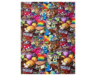 1 Yard Cotton Woven 36x60. Disney Themes Backstitch Stacked Snacks