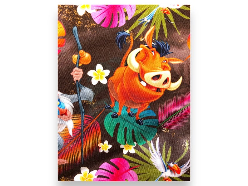 1 Yard Cotton Woven Brown background from Lion King featuring Pumboa, Rafik and Zazu. image 1