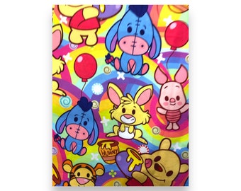 1 Yard - Cotton Woven Fabric Featuring Winnie the Pooh, Tigger, Eeyore and Rabbit on Rainbow Background.