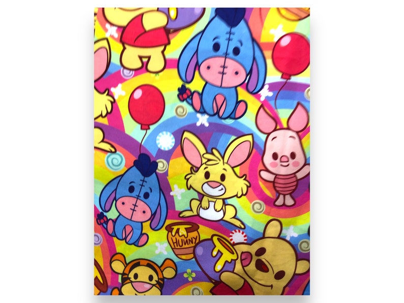 1 Yard Cotton Woven Fabric Featuring Winnie the Pooh, Tigger, Eeyore and Rabbit on Rainbow Background. image 1