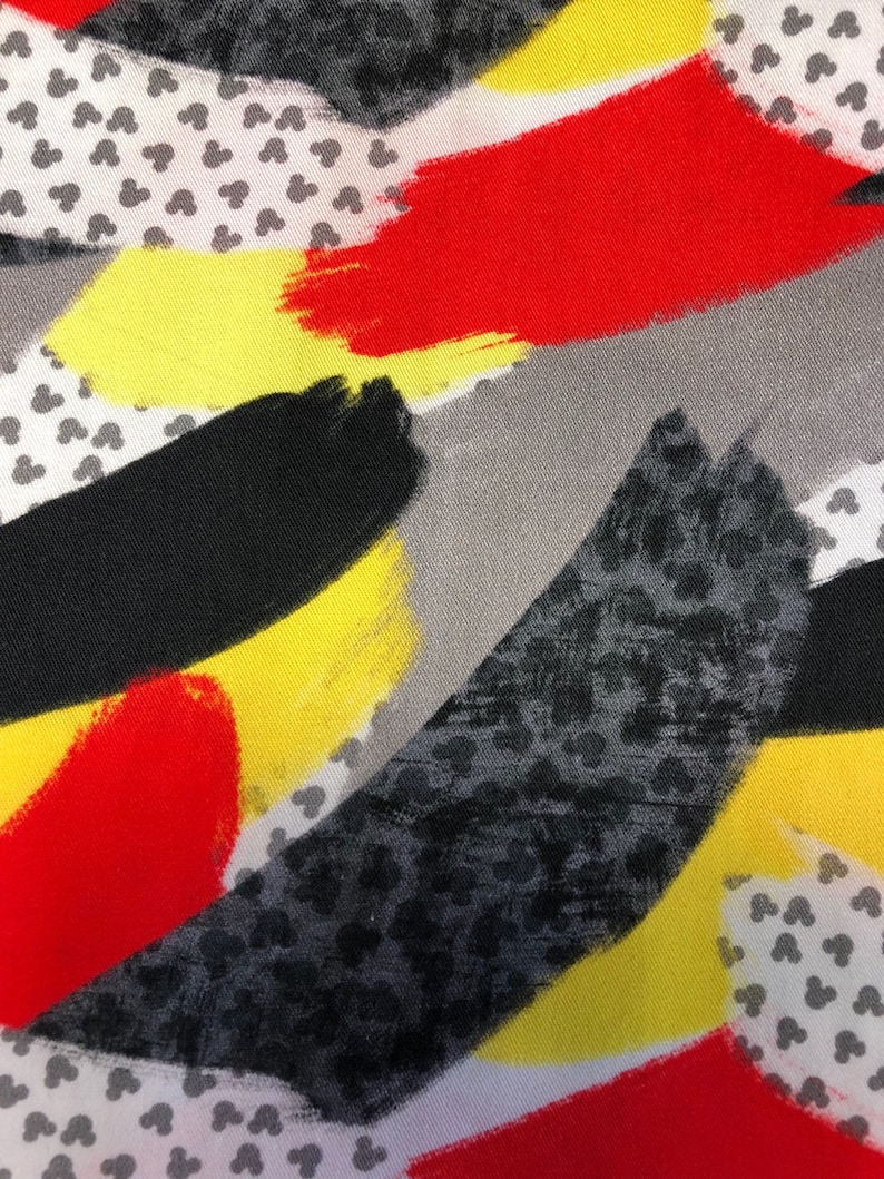 1 Yard Red Yellow Grey Cotton Woven Beautiful fabric Including Mickey Motifs. image 1