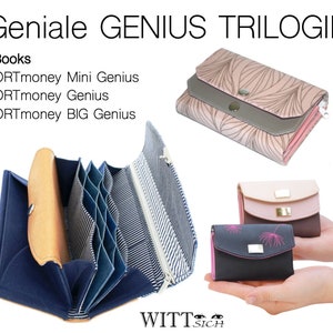 Puede incluir: Tres estilos diferentes de carteras, todas con el texto "PORTmoney" y la palabra "Genius" en el nombre. Las carteras son de varios colores y patrones, incluyendo rosa, azul y marrón. El texto "Geniale GENIUS TRILOGIE" está en la parte superior de la imagen.