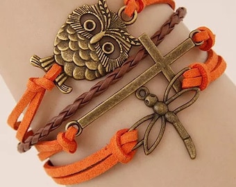 Armband Eule Libelle Kreuz Leder 18-22cm einstellbar in orange