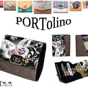 May include: A black and gray butterfly patterned wallet with a silver clasp. The wallet is closed and folded in half. The wallet is made by the brand "PORTolno" and "WITTsICH".