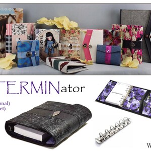 May include: A variety of colorful and patterned binders in different sizes, including A4, A5, A6, and A7. The binders are made of fabric and leather and feature a variety of designs, including floral patterns, animal prints, and geometric shapes. The text "TERMINATOR" is printed in purple on a white background. The binders are perfect for organizing papers, notes, and other important documents.