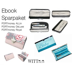 Op de afbeelding: Collectie portemonnees in diverse designs. Inclusief een lichtroze portemonnee met bloemenprint, een zwart-witte portemonnee met bladerenpatroon en een lichtblauwe portemonnee met de tekst "Karma Baby". De afbeelding bevat ook de tekst "Ebook Sparpaket".