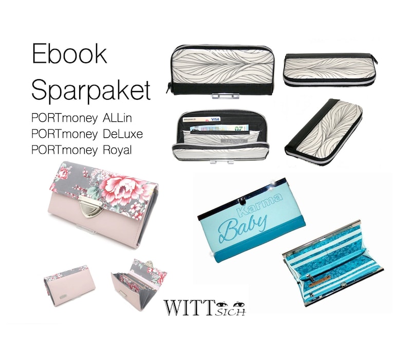 Op de afbeelding: Collectie portemonnees in diverse designs. Inclusief een lichtroze portemonnee met bloemenprint, een zwart-witte portemonnee met bladerenpatroon en een lichtblauwe portemonnee met de tekst "Karma Baby". De afbeelding bevat ook de tekst "Ebook Sparpaket".