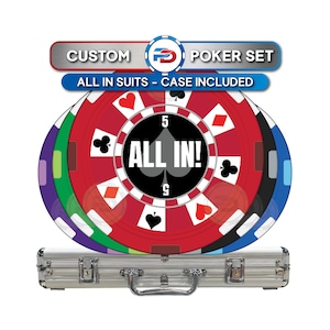 Custom Poker Chip Set | All In Suits | 100ct-1000ct Set Sizes Available | Carrying Case Included