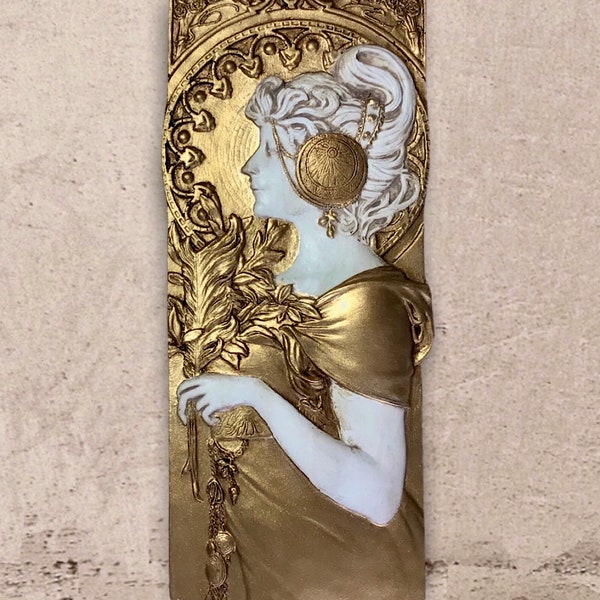 Jugendstil Relief Mucha-Stil Wandtafel Wandbild Art Déco handgemacht ca. 23x9,5cm