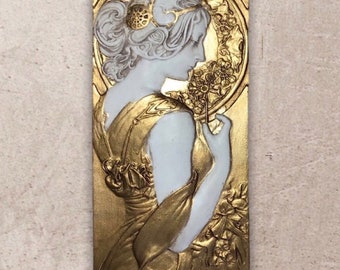 Jugendstil Relief Mucha-Stil Wandtafel Wandbild Art Déco handgemacht 23x9,5 cm