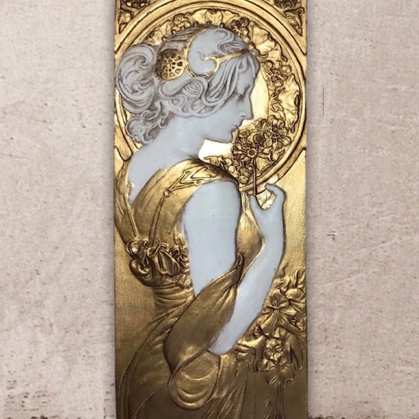 Jugendstil Relief Mucha-Stil Wandtafel Wandbild Art Déco handgemacht 23x9,5 cm