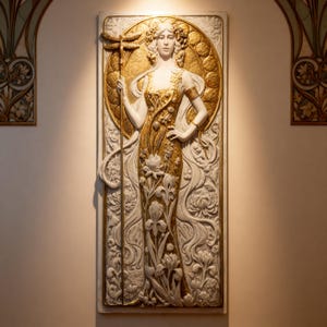 Può includere: Rilievo murale rettangolare raffigurante una donna in abito fluente, con in mano un bastone a forma di libellula. Il rilievo è prevalentemente bianco con accenti dorati, tra cui un'aureola e dettagli sull'abito. Motivi floreali e stile Art Nouveau.