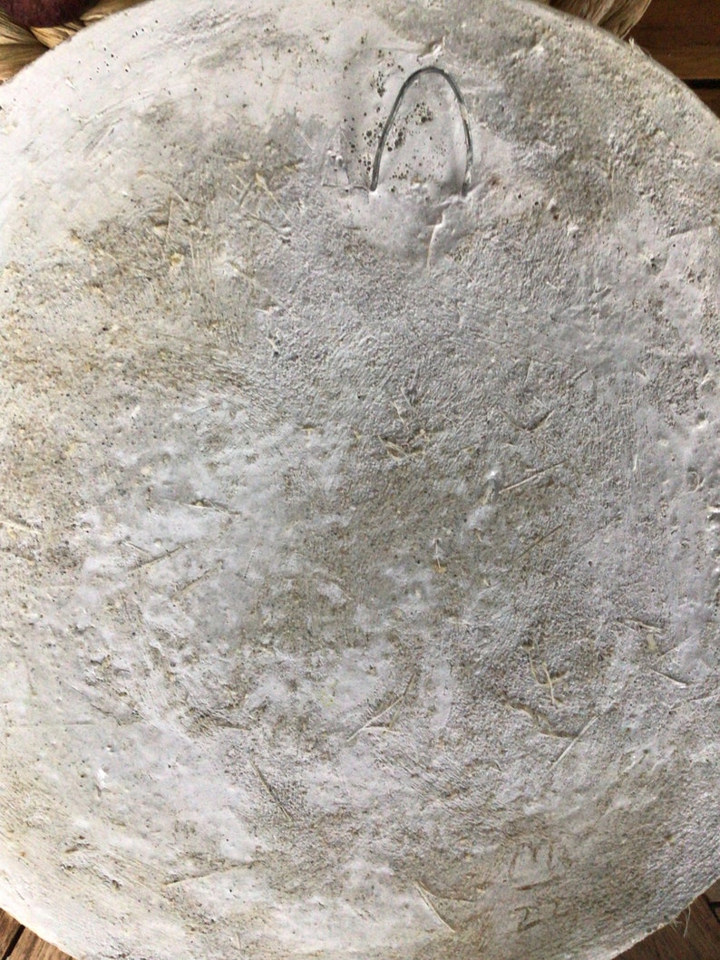 May include: The back of a white ceramic wall plate with a wire hanger attached. The plate has a rough, textured surface.