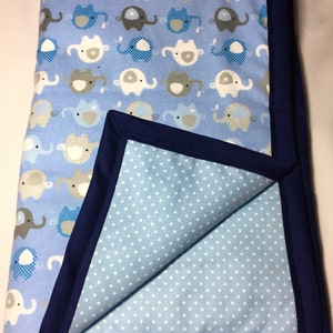 Blue Elephant Baby Blanket, Baby Shower Gift, Elephant, Reversible, Polka Dots, Blue and White, Cotton Blanket, Navy Binding, Newborn GIft