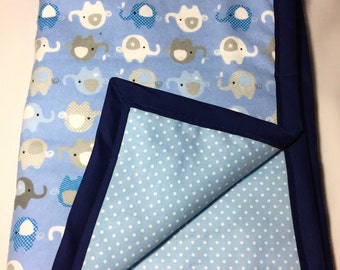 Blue Elephant Baby Blanket, Baby Shower Gift, Elephant, Reversible, Polka Dots, Blue and White, Cotton Blanket, Navy Binding, Newborn GIft