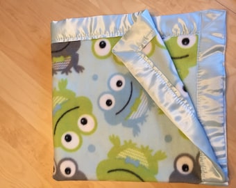 Green Frog Fleece Baby Blanket, Cute Baby Blanket, Satin Binding, Infant, Toddler Bed Linen, Children, Newborn, Baby Gift, Soft Bedding