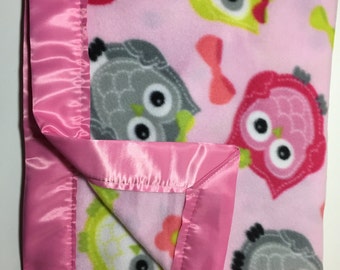 Pink Owl Fleece Baby Blanket, Soft Baby Girl Bed Linen, Baby Shower Gift, Children, Infant, Toddler, Newborn, Pink Owl Blanket, Perfect Gift