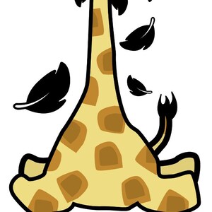 May include: A cartoon giraffe with a brown and yellow spotted pattern is sitting down with its legs crossed. The giraffe has a black moustache and is surrounded by black feathers. The text "I ♥ THE BUSH" is below the giraffe.