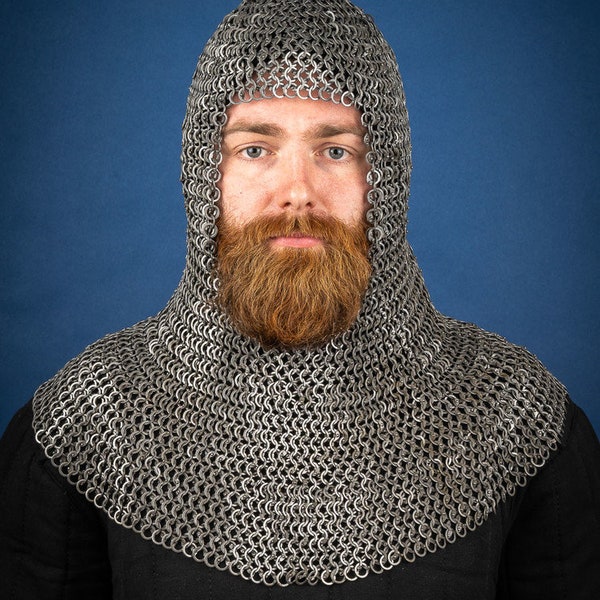 Zeughaus Medieval Chainmail Hood Flatring Riveted 9mm Steel Oiled