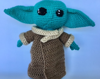 Handmade Crochet Baby Alien Toy, Plush Green Child, 11"