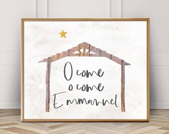 O Come O Come Emmanuel Print-O Come Emmanuel Printable-Wood Stable Print-Manger Print-Nativity Print-Stable Print-Christmas Baby Jesus Sign