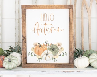Hello Autumn Print-Hello Autumn Sign-Fall Print-Fall Sign-Pumpkin Printable-Farmhouse Pumpkin Sign-Fall Decor-Orange Blue White Pumpkins