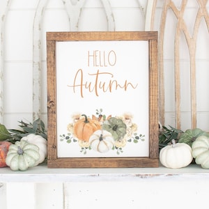 Hello Autumn Print-Hello Autumn Sign-Fall Print-Fall Sign-Pumpkin Printable-Farmhouse Pumpkin Sign-Fall Decor-Orange Blue White Pumpkins