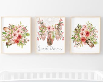Tribal Print Set of 3-Girl's Nursery Print Set-Floral Print Set-Tribal-Feathers-Arrow-Dream Catcher Print-Girls Room Print-Instant Download
