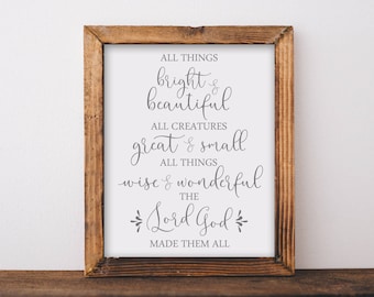 All Things Bright and Beautiful Printable-All Creatures Great Small-Nursery Print-Typography Print-Child&#39;s Room Printable-Instant Download