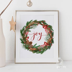 Joy Printable-evergreen Wreath Printable-christmas Wreath Print ...