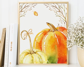 Fall Art Print-Gourds Print-Gourd Art-Pumpkins Print-Watercolor Gourds-Fall Printable-Autumn Printable-Orange Green Gourds-Instant Download