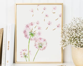 Blowing Dandelion Print-Pink Watercolor Dandelions Print-Dandelion-Girl Nursery Print-Flower Print-Botanical-Instant Download-Wall Art Decor