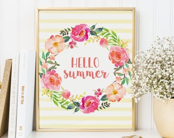 Hello Summer-Hello Summer Print-Welcome Summer-Welcome Summer Print-Summer Print-Summer Decor-Floral Wreath-Instant Download-Wall Art Decor