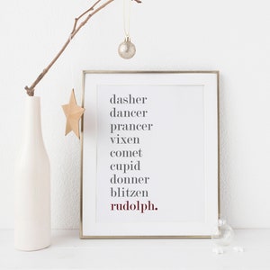 May include: A framed print with a gold border displays a list of reindeer names, with "Rudolph" in red. A white vase holds a branch with a gold star and ornament. A clear glass ornament sits on the surface.