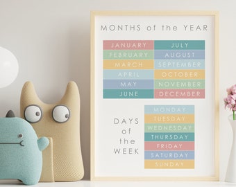 Pôsteres educativos com os meses do ano, os dias da semana e muito mais - Material para homeschooling - Método Montessori - Decoração de parede escolar.