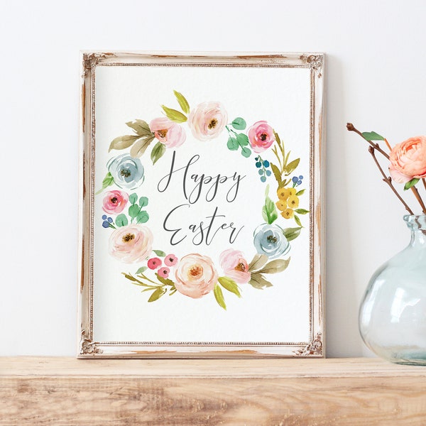 Happy Easter Print-Happy Easter Wreath-Happy Easter Sign-Easter Decor-Watercolor Wreath-Spring Flowers-Instant Download-Wall Art Decor
