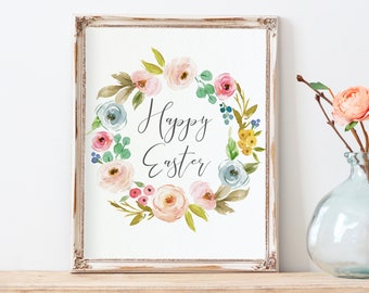 Happy Easter Print-Happy Easter Wreath-Happy Easter Sign-Easter Decor-Watercolor Wreath-Spring Flowers-Instant Download-Wall Art Decor