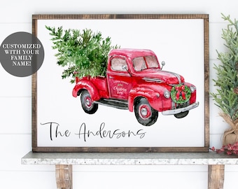 Letrero navideño rústico personalizado con forma de camión - Impresión navideña estilo granja - Letrero navideño con forma de camión de granja con árbol de Navidad - Navidad estilo granja - Letrero personalizado