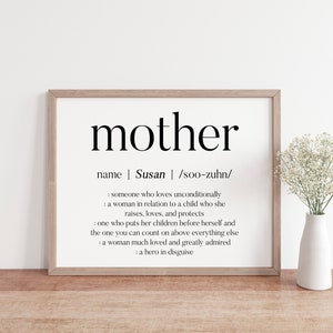 May include: A framed print with the word "mother" in large, bold letters. The definition of the word is listed below, including the name "Susan" and the phonetic pronunciation "/soo-zuhn/".