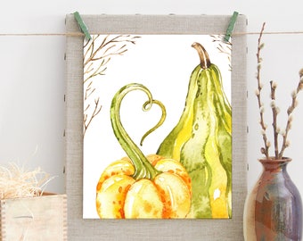 Gourds Print-Gourd Art-Pumpkins Print-Watercolor Gourds-Fall Printable-Autumn Printable-Fall Art Print-Orange Green Gourds-Instant Download