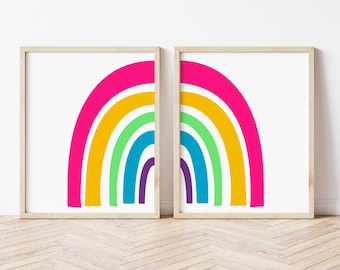 Regenboog kunstprint - Set van 2 regenboogprints - Roze, geel, groen, blauw, paars - Moderne regenboogprint - Babykamerprint - Speelkamerbord - Meisjeskamer