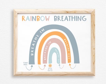 Impresión de respiración arcoíris para niños - Ejercicio de respiración relajante - Atención plena para niños - Rincón de la calma - Letrero de respiración arcoíris - Técnicas de conexión a tierra - Terapia