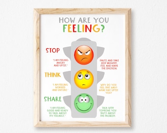 Traffic Light Feelings Printable-Stop Think Share Print-Mental Health Poster-Self Regulation Poster-School Counselor Office Sign-Classroom