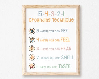 5-4-3-2-1 Grounding Technique Poster-Kids Mental Health Printable-Kids Counseling Print-Kids Mindfulness-Therapy Office Decor-Five Senses